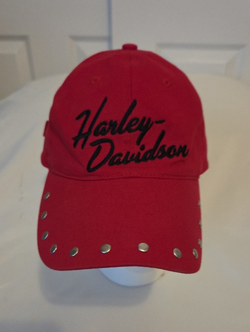 Harley-Davidson Red Cap with Black Script and Silver Studs